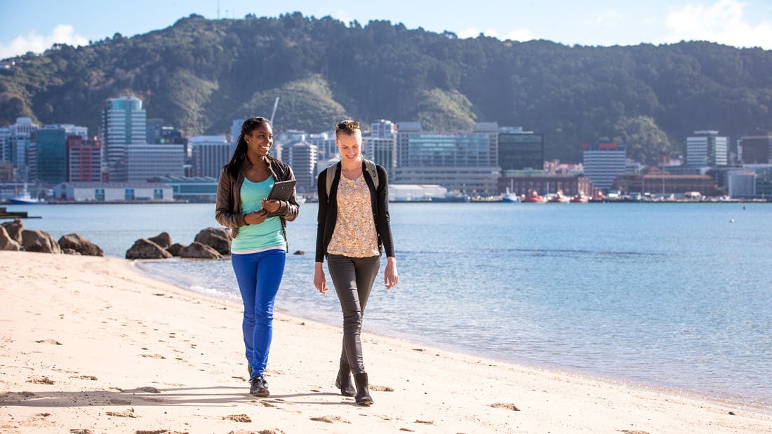 Students walking along beach in Wellington