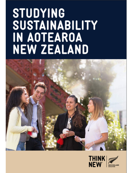 A graphic that says 'Studying Sustainability in Aotearoa New Zealand' that features several students outside a marae