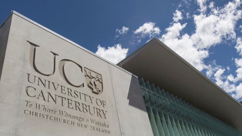 The University of Canterbury logo on campus building